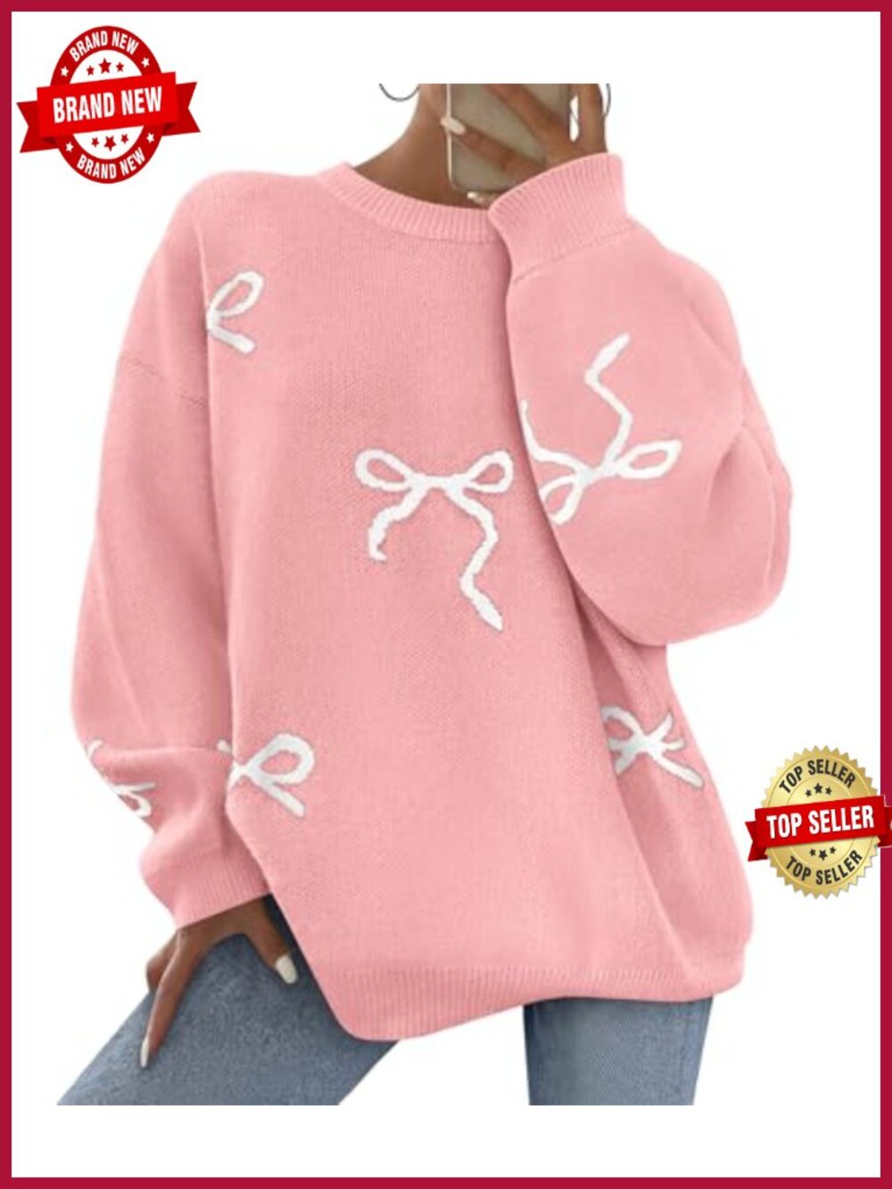 Womens Oversized Bow Sweater Long Sleeve Crew Neck Chunky Knit Pullover